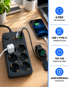 Akım Korumalı Priz · 6'lı + USB / Type-C